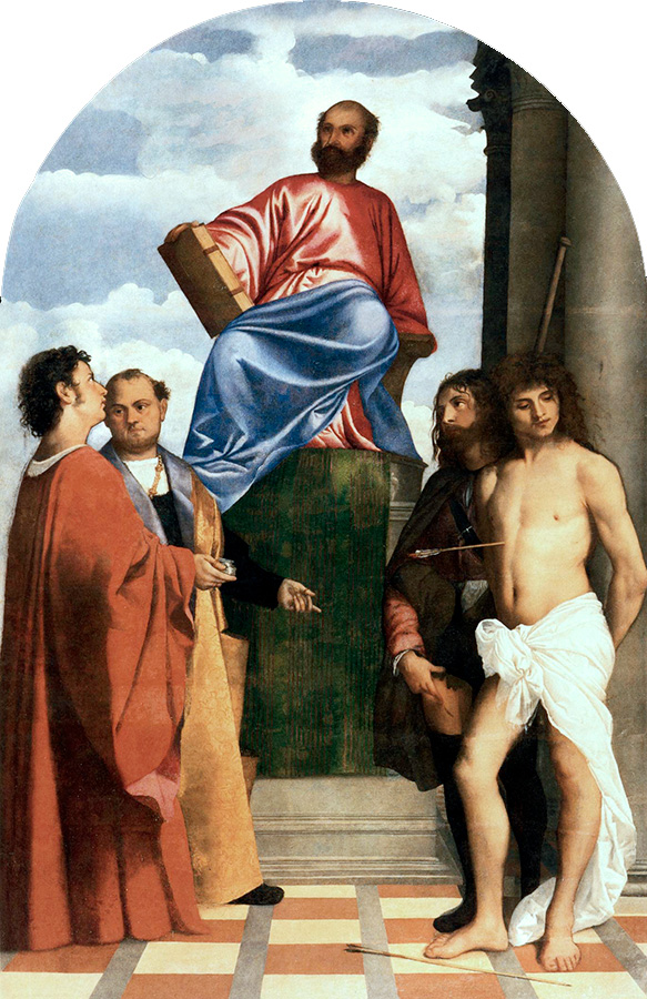 San Marcos entronizado rodeado de santos de Tiziano Vecellio en Santa Maria della Salute de Venecia